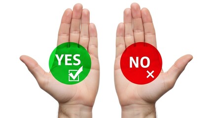 open male hands with yes and no symbols for decision making blogs, psychological interface design, voting websites, business surveys, training presentations and social choice awareness