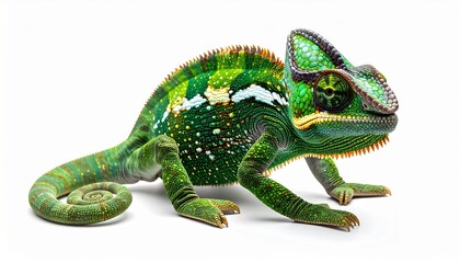 Obraz premium Detailed studio shot of a vibrant green panther chameleon with colorful scales and a curled tail, posing sideways and isolated against a clean, solid white background. Realistic reptile portrait.