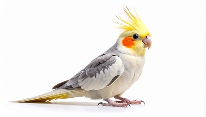Fototapeta premium A beautiful male Cockatiel, Nymphicus hollandicus, also known as the weiro bird or quarrion, standing in profile with its yellow crest raised. Studio shot isolated on a clean white background.