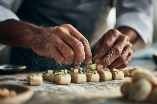 Chef's hands sprinkling salt onto calisson cubes on wooden table. Concept of culinary art, showcasing almond candy Provence French traditional techniques and textures.