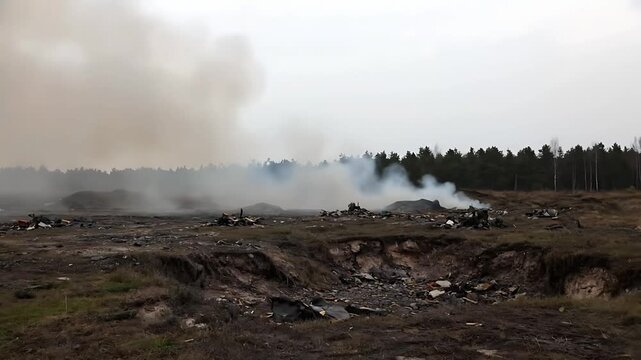 Heavy smoke rising from a disaster or crash site with debris scattered across a desolate, excavated field near a dark forest under an overcast sky, symbolizing environmental destruction and tragedy.