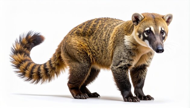 Full body shot of a South American Coati, also known as Nasua nasua, standing and looking curiously at the camera. This wild animal is isolated on a clean white background, studio lighting.