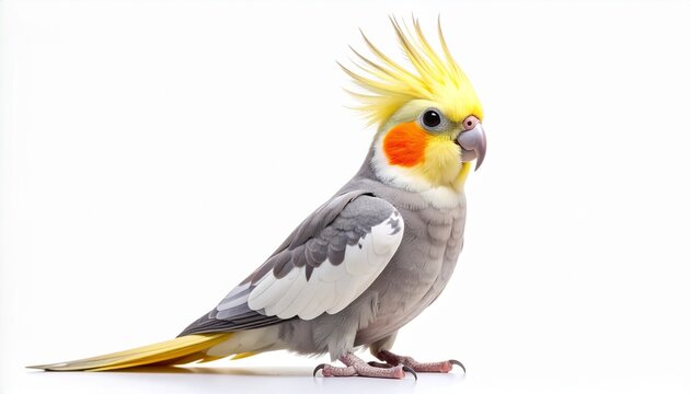 A beautiful gray and yellow cockatiel parrot with a vibrant orange cheek patch, posing gracefully in a full-body side view. This charming pet bird is isolated on a clean white background.