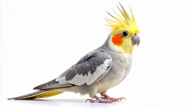 A beautiful cockatiel parrot (Nymphicus hollandicus) with a yellow crest and orange cheeks, standing in a side profile view. This charming pet bird is isolated on a clean white background.