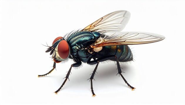 Macro photo of a common housefly, Musca domestica, showcasing its detailed anatomy with vibrant red compound eyes, metallic blue-green body, and delicate transparent wings on a white background.