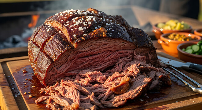Brazilian cupim beef slow-roasted until tender, rich texture, served hot at a traditional outdoor churrasco.