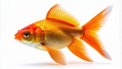 Fototapeta premium A vibrant orange and gold Fantail goldfish, Carassius auratus, swimming gracefully. Detailed studio shot captures the delicate fins and shiny scales of the aquatic pet isolated on white background