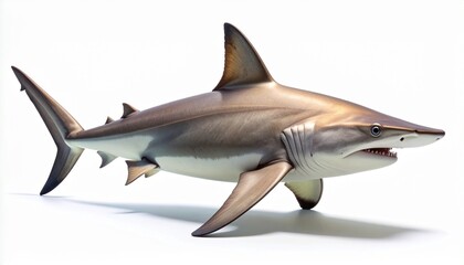 Obraz premium A detailed and realistic depiction of a sleek grey shark with sharp teeth, swimming gracefully. Full body side view of the powerful marine predator, isolated on a clean white background with shadow.