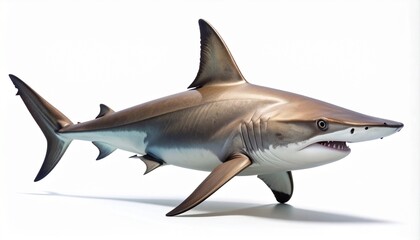 Fototapeta premium A realistic depiction of a majestic shark swimming, showcasing its powerful fins, sharp teeth, and streamlined body. This marine predator is isolated on a clean white background with a shadow.