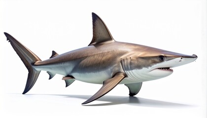 Obraz premium Full body shot of a predatory shark with sharp teeth and powerful fins, depicted in a realistic style. The marine animal is isolated on a clean, solid white background with a subtle shadow.