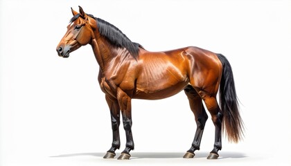 Obraz premium A majestic and powerful bay horse with a glossy coat and black mane stands proudly, showcasing its muscular physique and elegant form, isolated on a clean white background for studio portrait style.