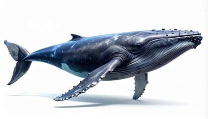 Fototapeta premium Full body shot of a majestic humpback whale (Megaptera novaeangliae), a large marine mammal, gracefully depicted with detailed skin texture and barnacles, isolated on a clean white background.