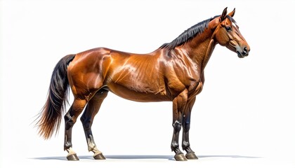 Obraz premium Full body side view of a beautiful and strong brown horse with a shiny coat and black mane, standing proudly and elegantly. Isolated studio shot of a thoroughbred stallion on a white background.