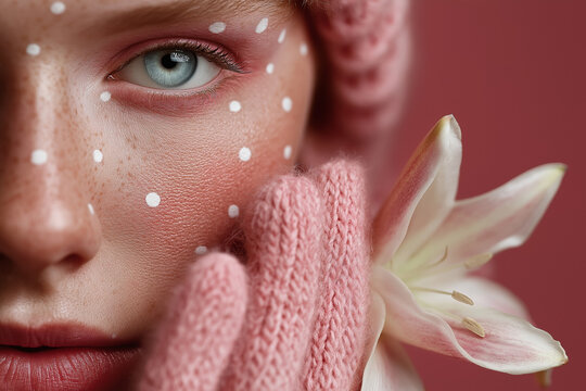 A fashion close-up showing a woman's eye and hand in pink knit gloves, holding a white lily against a pink background. Editorial floral beauty with cozy and modern textures.