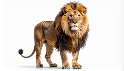Obraz premium Majestic male lion with a full, dark mane standing proudly and looking forward with a powerful gaze. Full body shot of the king of the jungle isolated on a clean white background studio shot.