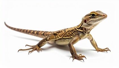 Fototapeta premium Full body shot of a brown and yellow exotic lizard with detailed scales and a long tail. The reptile is standing alert, showcasing its intricate skin patterns, isolated on a clean white background.