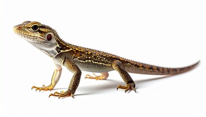 Obraz premium Full body side view of a beautiful brown and yellow lizard with intricate scales and sharp claws, posing attentively. This detailed reptile wildlife shot is isolated on a clean white background.