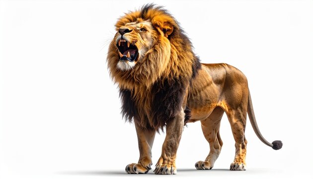Full body shot of a majestic male lion roaring fiercely with its mouth wide open, showing sharp teeth. Powerful African predator standing strong on a clean white background. Wildlife concept image.