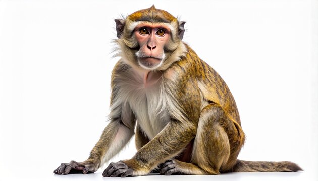 A full-length portrait of a beautiful macaque monkey sitting and looking directly at the camera with expressive eyes. Detailed studio shot of a wild primate isolated on a clean white background.