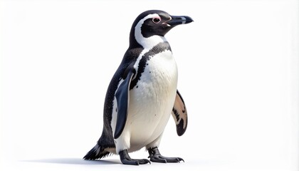 Fototapeta premium Full body portrait of a Magellanic penguin (Spheniscus magellanicus) standing in profile. This flightless seabird from South America is isolated on a clean, solid white background.