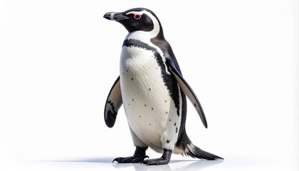 Fototapeta premium Full-length studio portrait of an African penguin standing gracefully in profile. This charming flightless bird is beautifully detailed, isolated on a clean, crisp white background.