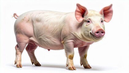 Fototapeta premium Full body shot of a healthy domestic pig standing and looking at the camera with a friendly expression. This farm animal has pink skin and a curly tail, isolated on a clean white background.