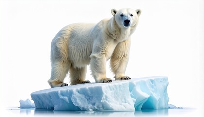 Obraz premium A majestic polar bear stands proudly on a floating block of glacial ice. This powerful arctic predator is isolated against a clean, crisp white background. A concept for climate change and wildlife.