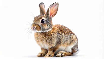 Obraz premium Adorable brown and white fluffy bunny sitting in profile. Cute domestic pet rabbit with long ears and whiskers isolated on a clean white background. Studio shot of a small wild mammal.