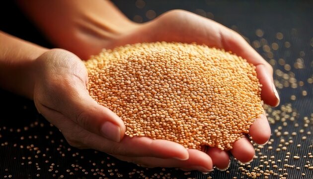 Hands holding a pile of golden quinoa seeds, close-up view.