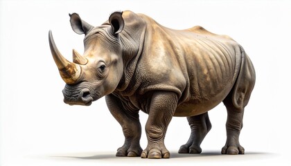 Fototapeta premium A majestic full-body portrait of a large rhinoceros standing proudly, showcasing its powerful build, thick gray skin, and prominent horn, isolated on a white background. Realistic wildlife concept