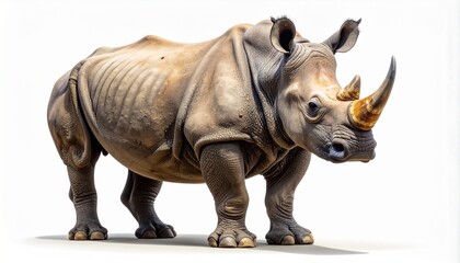 Obraz premium Full body portrait of a large majestic rhinoceros standing. Detailed realistic wildlife animal with textured skin and horn isolated on a clean white background. Concept of conservation and nature.