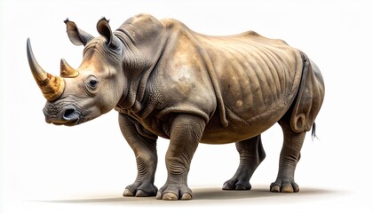 Fototapeta premium Full body shot of a majestic rhinoceros standing in profile. This realistic depiction of the large, horned mammal showcases its thick, textured skin, isolated on a clean white background.