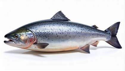 Obraz premium Whole fresh raw salmon fish with shiny scales and fins, a healthy seafood ingredient rich in omega-3, isolated on a clean white background. Perfect for restaurant menus or fish market ads.
