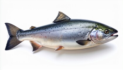 Obraz premium Fresh whole salmon fish isolated on a pure white background. Close-up of a raw Atlantic salmon, rich in omega-3 and protein. Concept for healthy eating, pescetarian diet, and gourmet seafood.