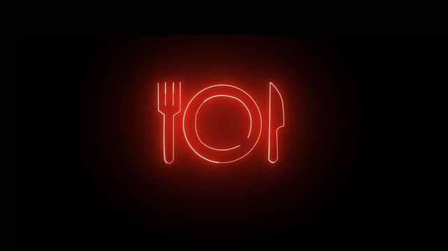 Glowing neon red food portion and Party icon with percentage symbol and down arrow on black background