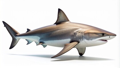Obraz premium Realistic 3D illustration of a large shark, side view. An aquatic predator of the ocean, a marine animal with sharp teeth and fins, isolated on a clean white background with a soft shadow.