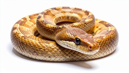 Obraz premium Close-up of a beautiful brown and yellow python snake coiled up in a defensive posture, looking at the camera with its detailed scales and shiny eye, isolated on a clean white background studio shot.