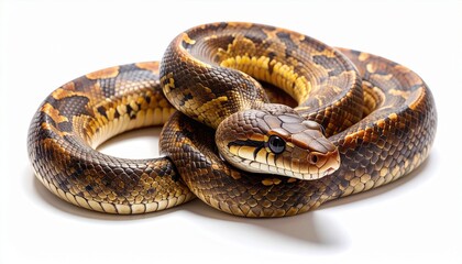 Fototapeta premium A detailed studio shot of a beautiful python snake, coiled up and alert. The reptile has intricate brown, yellow, and black patterned scales, showcasing its natural camouflage. Isolated on white bg.