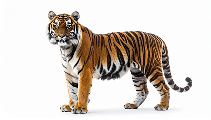 Obraz premium Full body portrait of a majestic adult tiger standing and looking at the camera. Realistic wild predator big cat with orange and black stripes isolated on a clean white background studio shot.