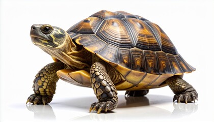 Fototapeta premium Detailed full-body portrait of a land tortoise with a patterned brown and yellow shell, walking slowly. Macro shot showing scaly skin and sharp claws, isolated on a clean white background.