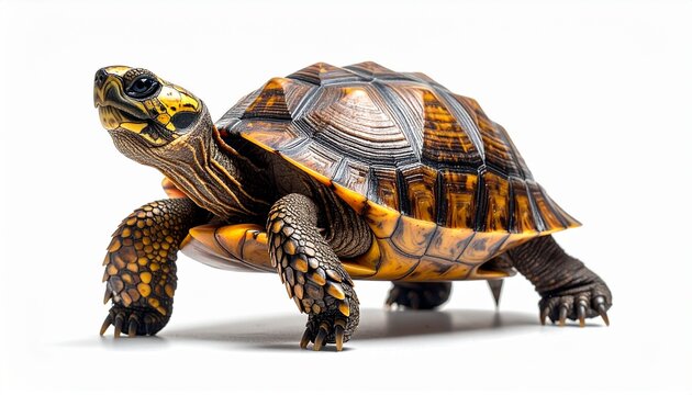 A detailed studio shot of a beautiful yellow and brown turtle walking. This exotic reptile is isolated on a clean white background, showcasing its intricate shell pattern and scaly skin.