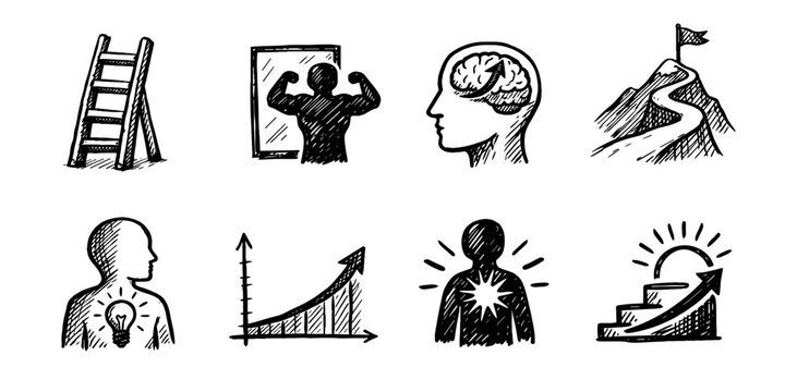 Personal growth sketch icon collection in black. Set of self improvement, motivation, mindset development, progress and achievement icons in doodle style