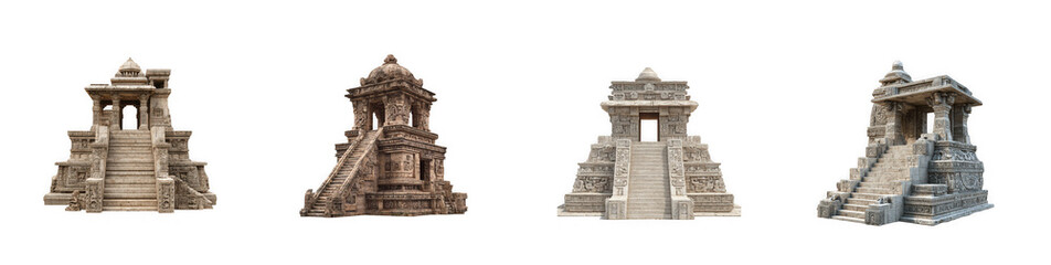 Obraz premium Four detailed sandstone architectural tower elements showcasing intricate designs and staircases on transparent background high quality
