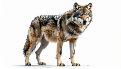 Obraz premium Full body portrait of a majestic gray wolf standing alertly. The wild canine, Canis lupus, is depicted with thick, textured fur and intense yellow eyes, isolated on a clean white background.
