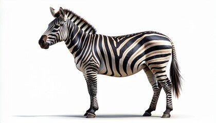 A full-body profile view of a majestic zebra standing gracefully. This stunning African wildlife animal is shown with its iconic black and white striped pattern, isolated on a clean white background.