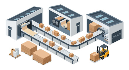 Obraz premium Automated industrial production line with conveyor belts, packaging machinery, and a forklift moving boxes.