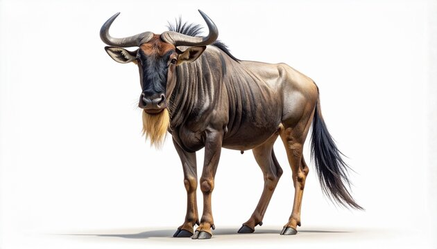 A full-body portrait of a majestic African Wildebeest, also known as a Gnu, standing proudly and looking directly at the camera. This detailed wildlife animal is isolated on a clean white background.