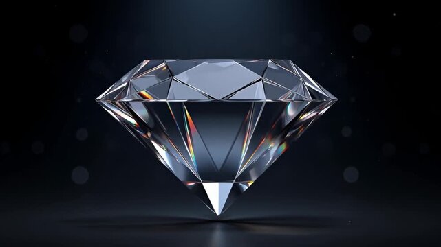 Cinematic polished diamond gemstone rotating with sparkling light reflections and glowing bokeh particles on dark surface