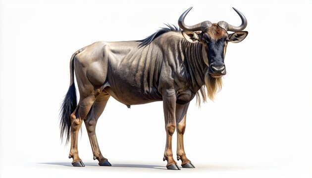 A full-body portrait of a majestic Blue Wildebeest standing gracefully and looking directly at the camera. This wild African mammal is isolated on a clean, bright white background.