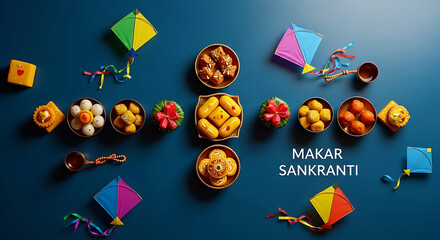 Makar Sankranti Festival Flat Lay with Colorful Kites and Traditional Indian Sweets on Blue Background, Harvest Celebration Concept